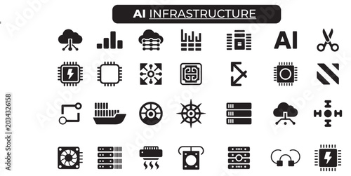 AI infrastructure icon set representing tech cloud server and computing systems