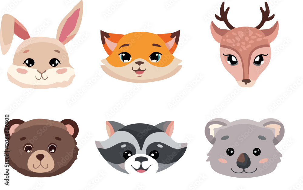 Fototapeta premium Cute Forest Animals Cartoon Faces Vector Set with Rabbit Fox Deer Bear Raccoon and Koala Head Avatars for Kids Nursery Illustration Designs