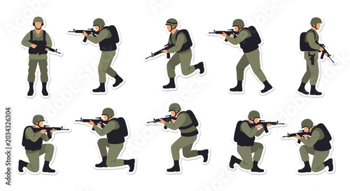 Bild auf Leinwand Soldier in Action: Multiple Poses with Rifle, Military Combat Illustration