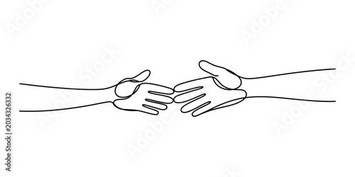 Bild auf Leinwand Continuous single line drawing of two hands reaching towards each other represen