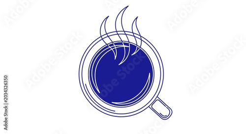 Top view of a steaming hot coffee cup with blue liquid