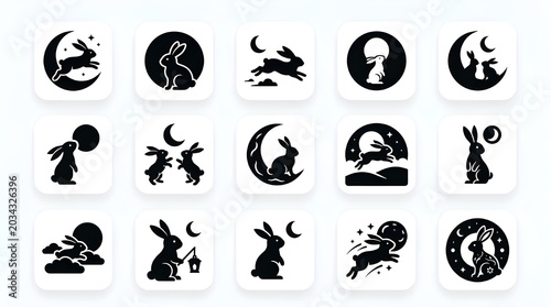 Moon Rabbit Icons, Sleeping Lunar Bunny Silhouette  Set
