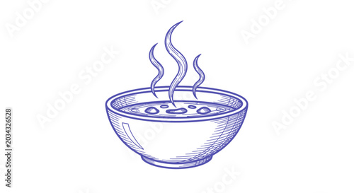 Steaming Hot Soup Bowl Sketch Illustration in Blue Line Art