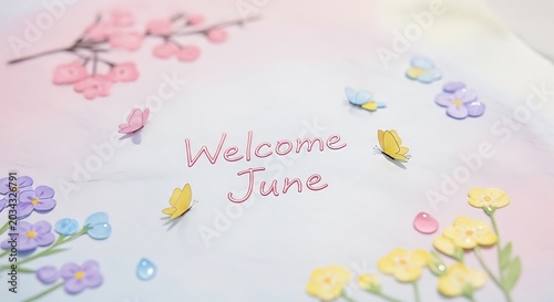 Colorful watercolor welcome June greeting card design.