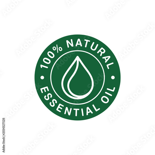 Schilderij op canvas 100 natural essential oil label green circular badge with droplet