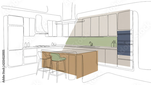Modern kitchen workspace with wooden cabinets and countertop under bright scattered light Vector