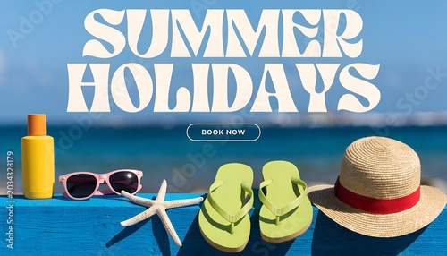 Summer holidays beach scene with accessories and text flip flops summer time