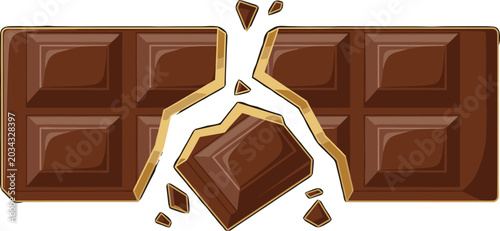 Cuadro en lienzo Broken Dark Chocolate Bar Vector Illustration with Flying Chunks and Small Piece