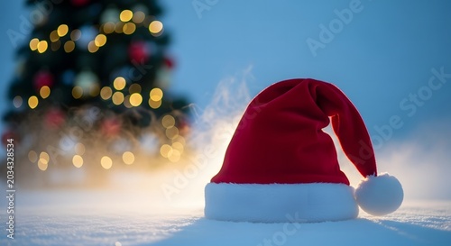 Santa hat resting on snow christmas tree bokeh