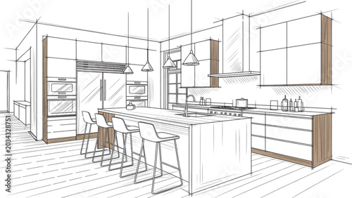 Modern kitchen interior with wooden cabinets and stainless steel appliances Vector