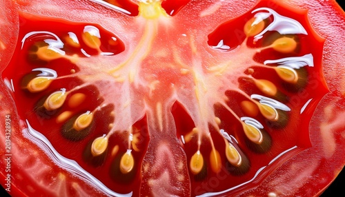 a close up view of a juicy tomato slice showcasing the vibrant red flesh and the interior seeds providing a detailed texture and composition