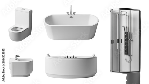 Photos Modern bathroom fixtures set including toilet, bathtub, and sink Vector