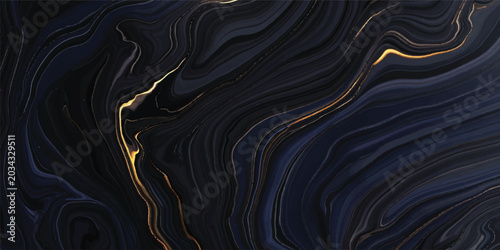 A liquid blue swirl flows across a wavy black silk and satin background with a metallic texture and artistic light waves for an elegant backdrop design