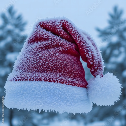 Frosted santa hat against snowy pine trees