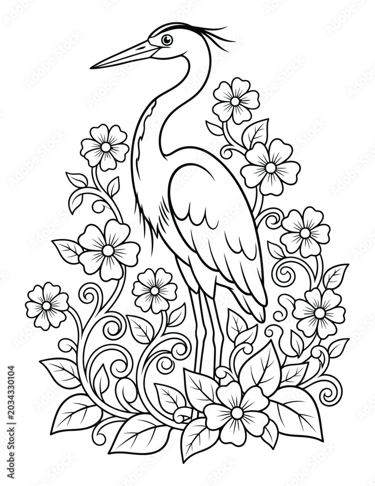Naklejka premium Crane standing tall among decorative scrolling vines abundant flowers and large leaves for a coloring page