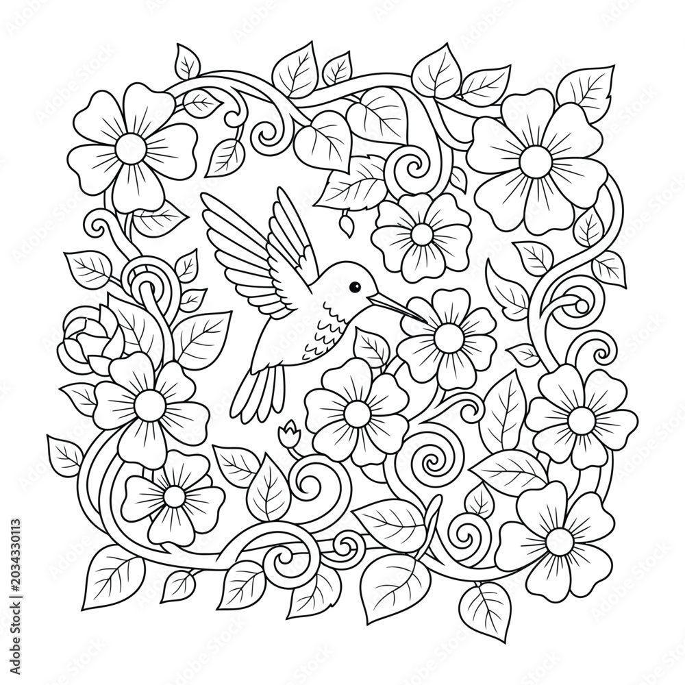 Fototapeta premium Hummingbird hovering among densely packed five petal blooms and scrolling vines in a square coloring page