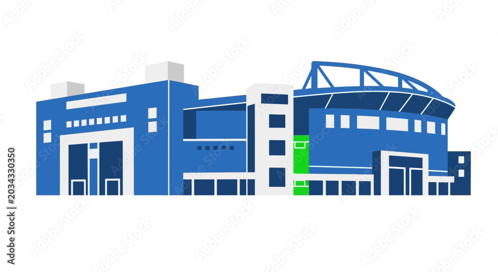 Naklejka premium Modern Stadium Building Facade, Sports Venue Architecture, Blue and White Design