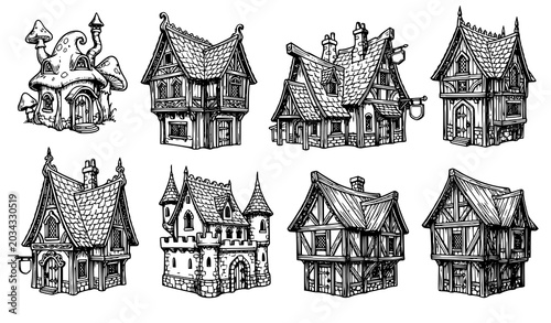 Ink sketch fantasy village house vector set with fairy medieval architecture concept illustrations