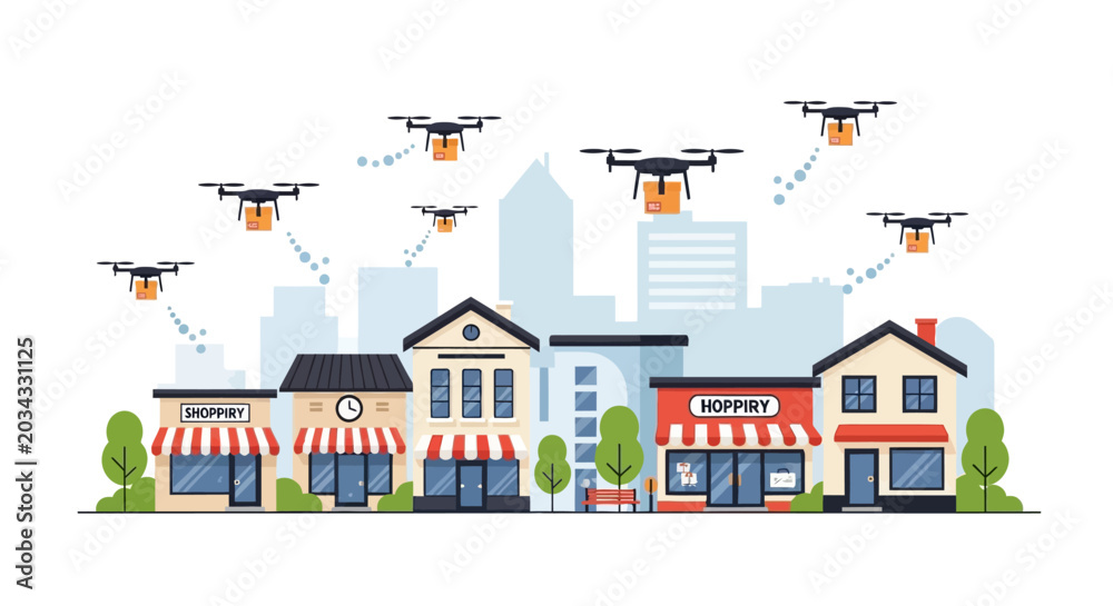 Naklejka premium Autonomous Drone Delivery Service Concept in Modern City Urban Landscape Flat Vector Illustration with Shops Houses and Skyscrapers