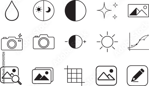 Foto Photo editing and camera icon set with rotate tools for media, gallery and design apps