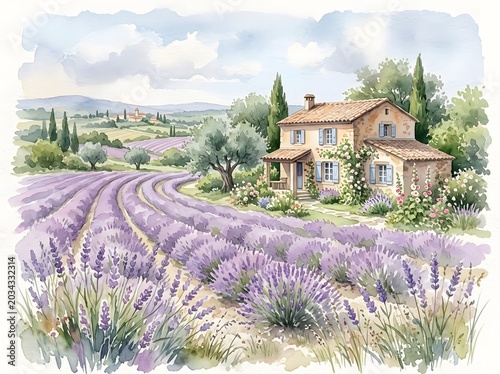 Serene lavender fields and rustic stone house in tuscany countryside