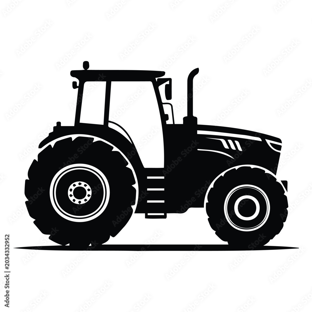 Obraz premium Black silhouette of modern agricultural tractor isolated on white background flat icon.
