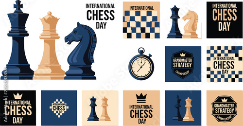 Tableau sur toile International Chess Day Vector Icon Set with Pieces Boards Timer Clock and Grand