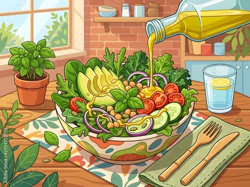 Vibrant salad with fresh vegetables and oil dressing on a kitchen table
