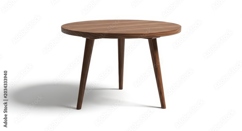 Fototapeta premium Minimalist Round Wooden Coffee Table with Three Tapered Legs Isolated on White Background