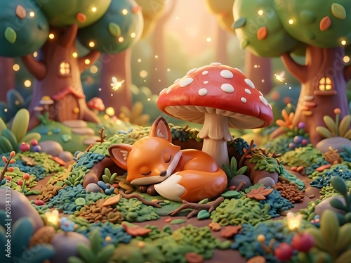 Whimsical forest scene with a sleeping fox under a mushroom