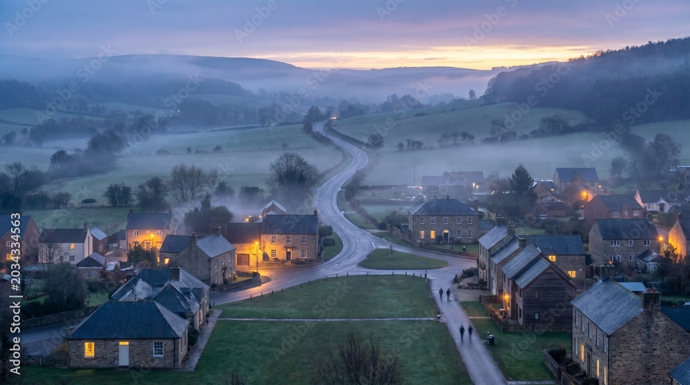 Fototapeta premium Aerial view of a quaint village nestled in a valley at dusk with illuminated houses and a winding road through the center surrounded by rolling hills and trees.