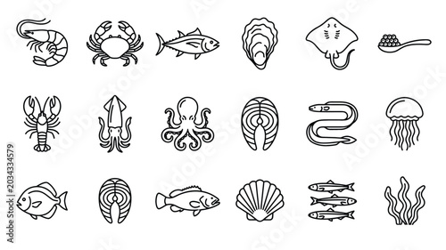 Foto A collection of black and white line art icons depicting various types of seafood, including fish, crustaceans, mollusks, and other marine life