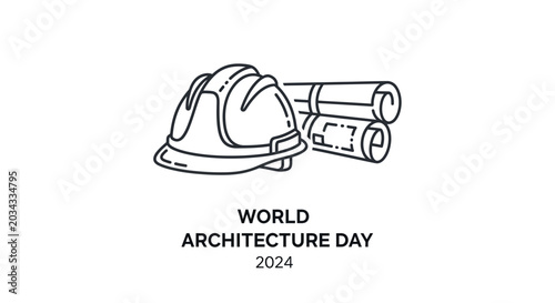 Bild auf Leinwand Line art illustration of a construction hard hat and rolled architectural blueprints