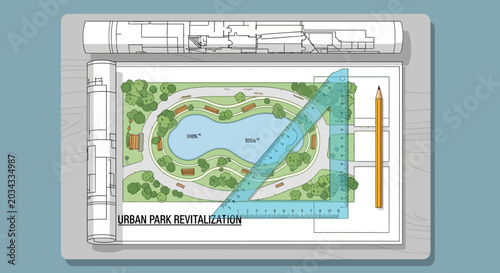 Photos Architectural blueprint of an urban park revitalization project featuring a central pond and landscaping