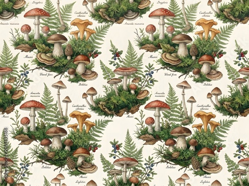Vintage watercolor mushroom pattern with ferns and berries on cream background