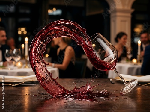 Red wine spills from an overturned glass on a restaurant table
