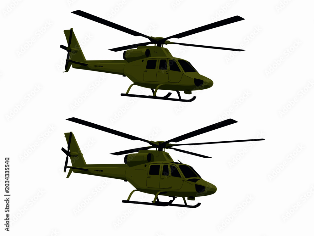 Fototapeta premium Two Military Helicopters Flying in Formation over White Background