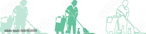 Tableau sur toile Teal Silhouette Figures of People Cleaning with Mop and Cart on White Background