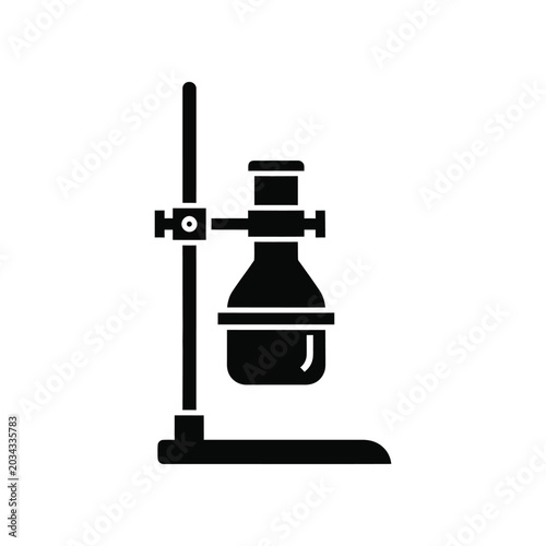 Photography Scientific laboratory flask held with a clamp on a retort stand against a white