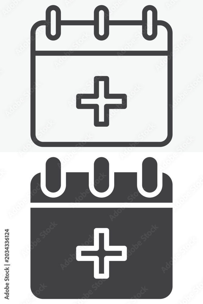 Obraz premium Medical calendar icon set with healthcare schedule planner in line, outline and solid style. Editable stroke vector icon sign and symbol for appointments.