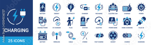 Charging icon set. Containing charge, battery, energy, electricity, charger, recharge, electric car and charging station icons. Solid icon collection. Vector illustration.