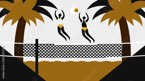 Bild auf Leinwand Stylized beach volleyball scene with palm trees and two players in mid air spiki