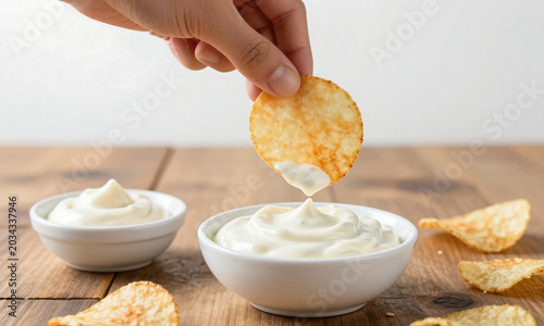 view hand holding crispy potato chip bowl creamy white sauce smaller bowl garlic dip rustic wooden