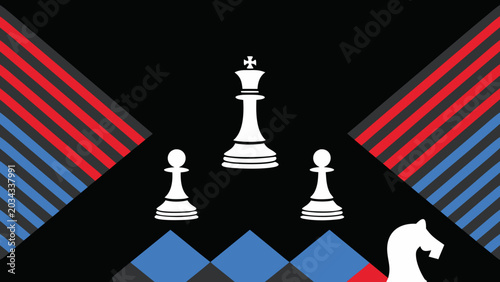 Photos Illustration of chess pieces including king pawns and knight on a geometric back