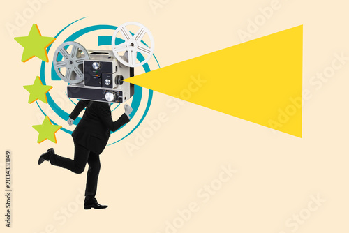 Collage of a man running with a 8mm projector in the head on a background with green stars and blue circles