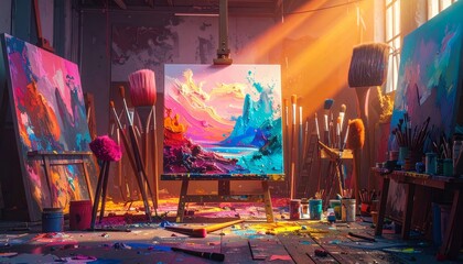 Papier peint photo Bordeaux Vibrant abstract landscape painting on easel surrounded by artist's tools in a sunlit studio  © RayyanMahmud