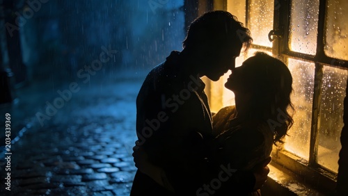 Side profile of an elegant man and woman in silhouette against a window with raindrops. Atmospheric night scene featuring warm backlighting, steam, and a deep sense of romantic connection