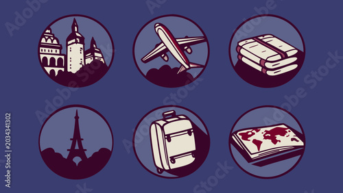 Foto Six circular travel icons depicting landmarks, airplane, luggage, map, and folde
