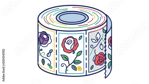 Vector illustration of a roll of floral postage stamps with roses. Clean line art icon with editable stroke, adjustable stroke weight, customizable line weight, thin line, and stroke options.