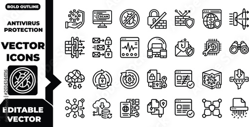 Tableau sur toile Set of bold outline cybersecurity and antivirus protection vector icons for digi